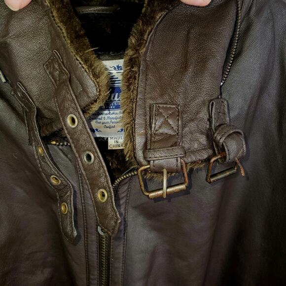 Vtg Nexus Dark Brown Leather Fur Lined Bomber Aviator Jacket Coat Buckles Men 3X - Picture 3 of 16